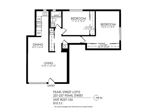 Floor plan for 2 beds, 1 bath, 715 sqft